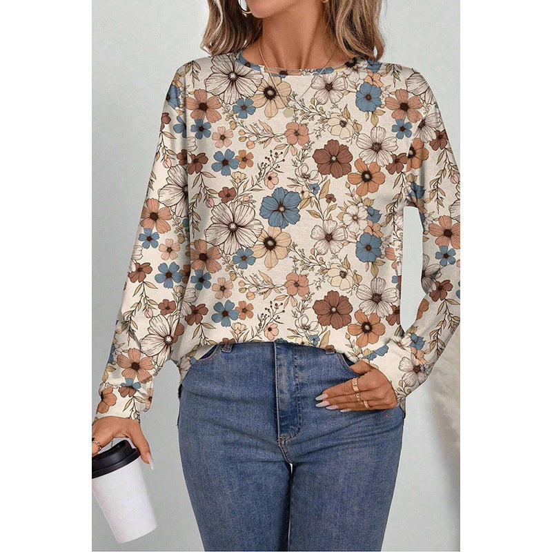 Women's Round Neck Pullover European And American Leisure All-match Floral Print Sweater