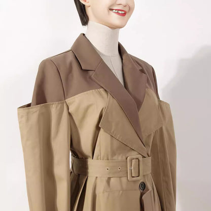 Two-color Knot Fake Two Pieces Suit Collar Trench Coat Female Dress