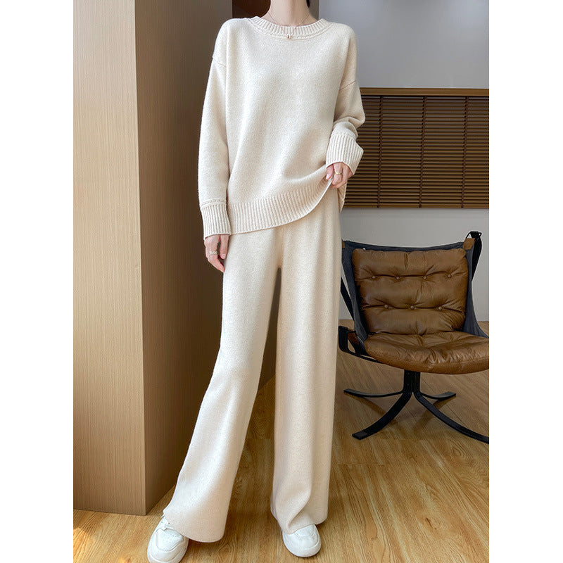 Australian Wool Round Neck Loose Western Style Sweater Straight-leg Pants Thickened Knitting Suit