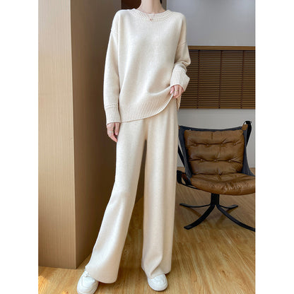 Australian Wool Round Neck Loose Western Style Sweater Straight-leg Pants Thickened Knitting Suit