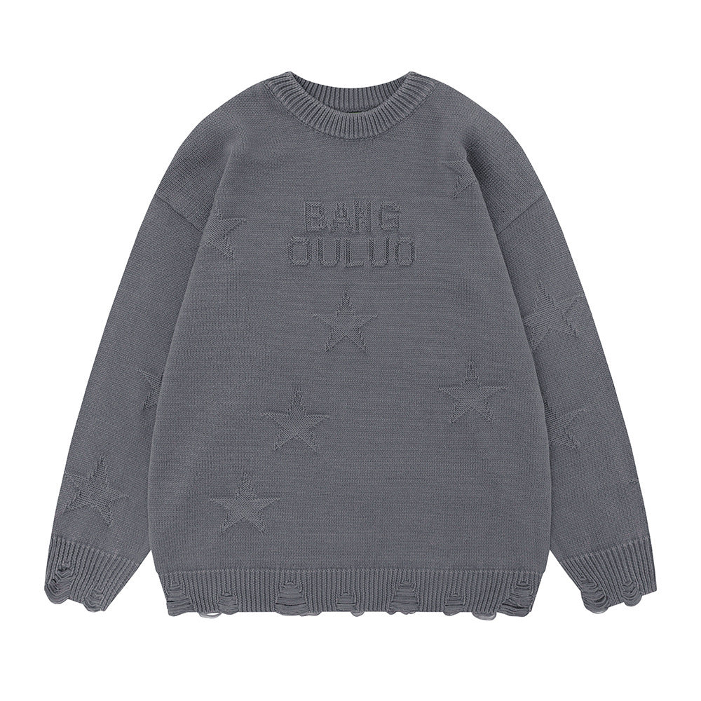 Loose-fitting Casual Round-neck Distressed Washed Pullover Sweater