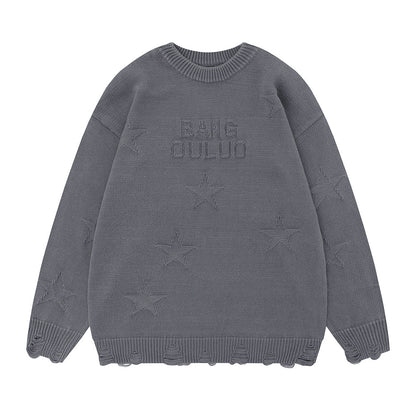 Loose-fitting Casual Round-neck Distressed Washed Pullover Sweater