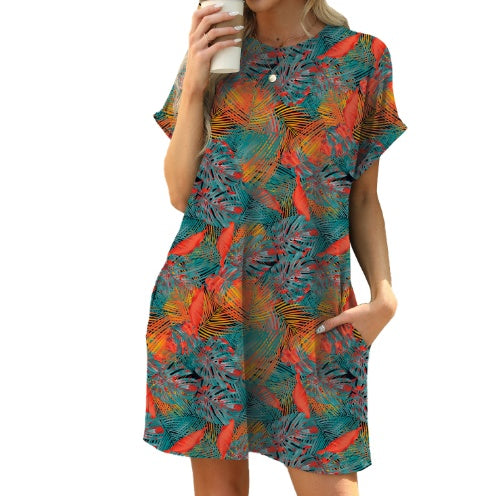 Loose Crew Neck Short Sleeve Printed Pocket Dress