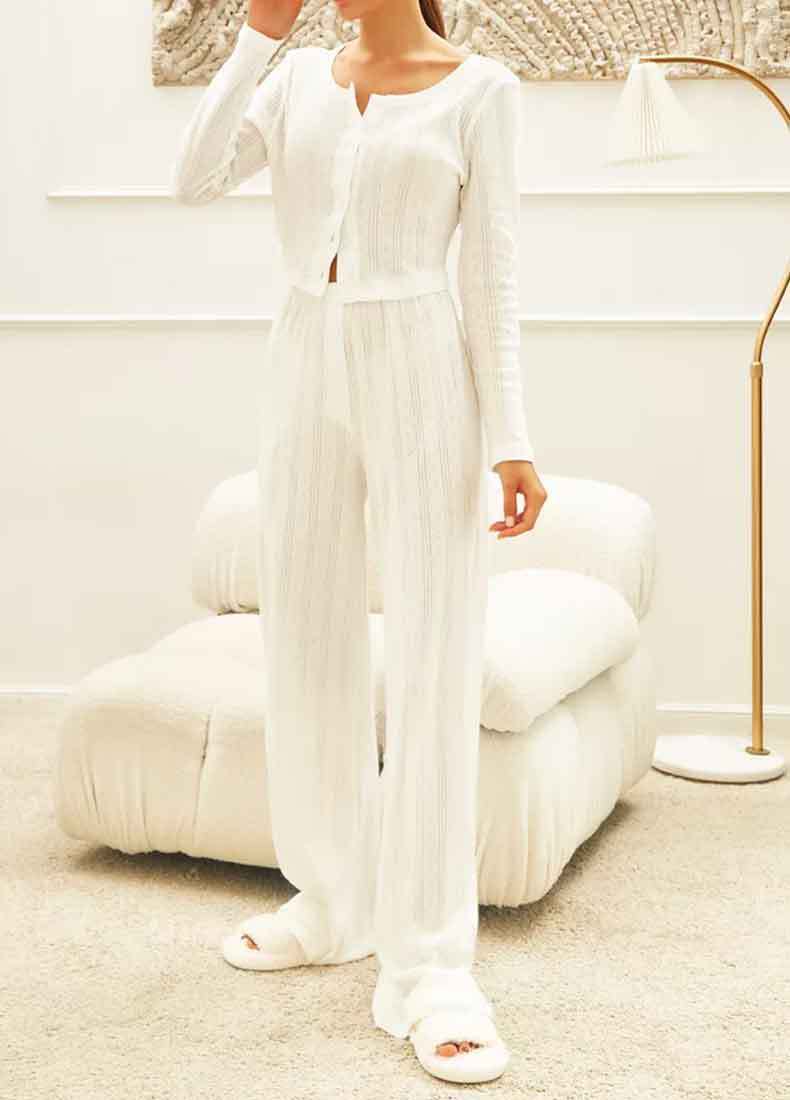 Fashion Cardigan Long Sleeve White Hollow-out Knitted Pajamas