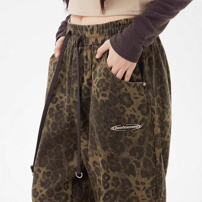 Leopard Print Women's Design Elastic Waist Loose Wide Leg Pants