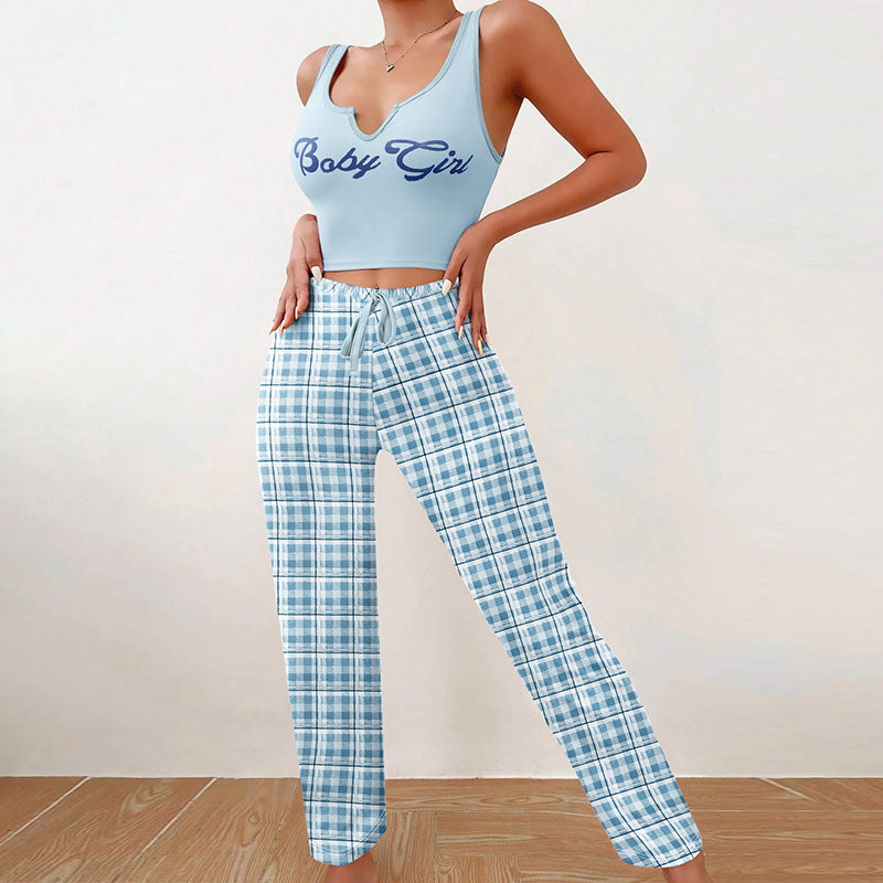 Spring Summer Women's Casual Pajamas Home Wear Vest Color Matching Plaid Trousers Letter Print Top Ladies 2 Pcs Home Clothes Sleepwear