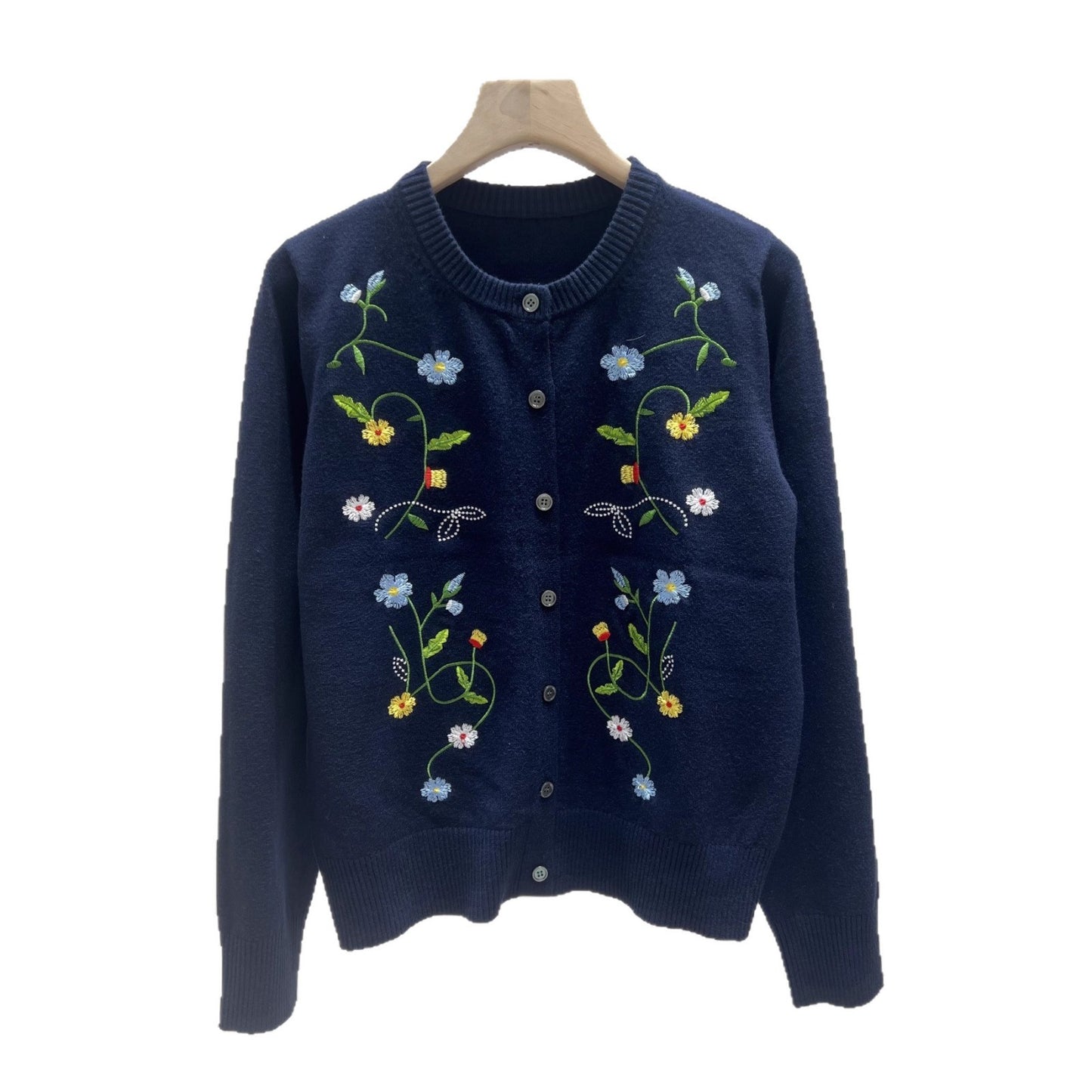 Round Neck Long Sleeve Top Embroidered Plant Female