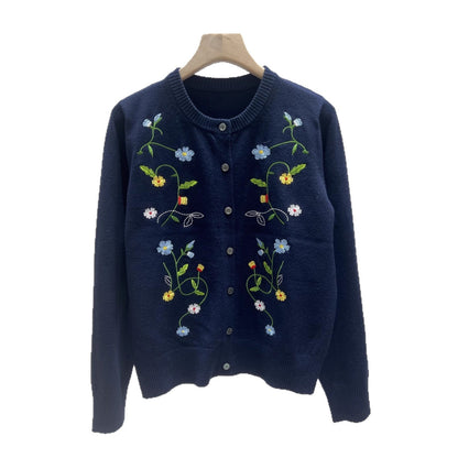 Round Neck Long Sleeve Top Embroidered Plant Female