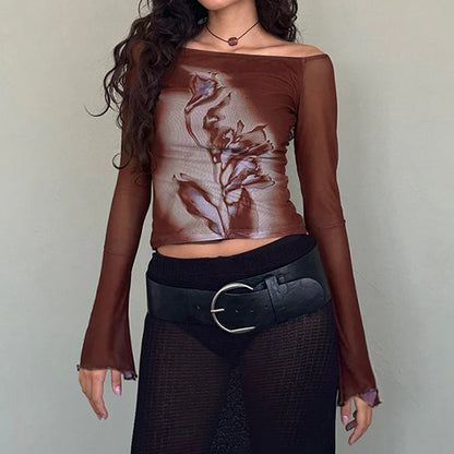 Women's Mesh Top Retro Long-sleeved T-shirt