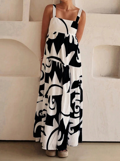 Holiday Casual Random Printed Swing Maxi Cami Dress