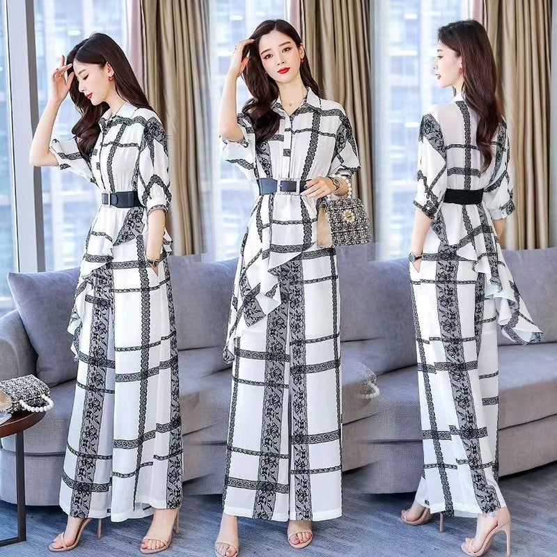 Women's Irregular Hem Shirt Chiffon Wide Leg Pants Suit