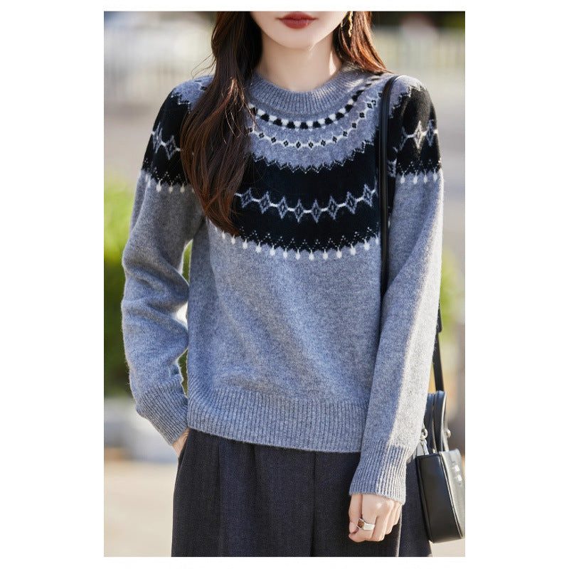 Jacquard Round Neck Multicolor Sweater For Women
