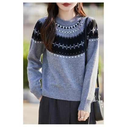Jacquard Round Neck Multicolor Sweater For Women