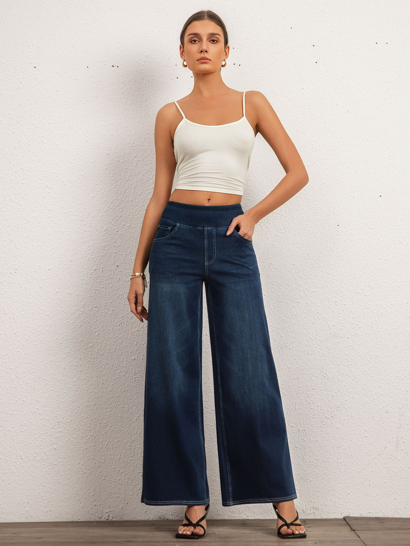 Shascullfites High Waist Straight Jeans For Women Stretchy Dark Blue Casual Loose Wide Leg Trousers