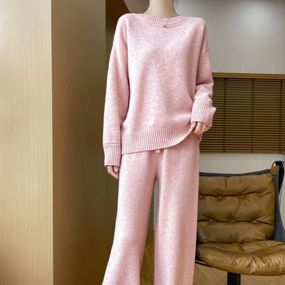 Australian Wool Round Neck Loose Western Style Sweater Straight-leg Pants Thickened Knitting Suit