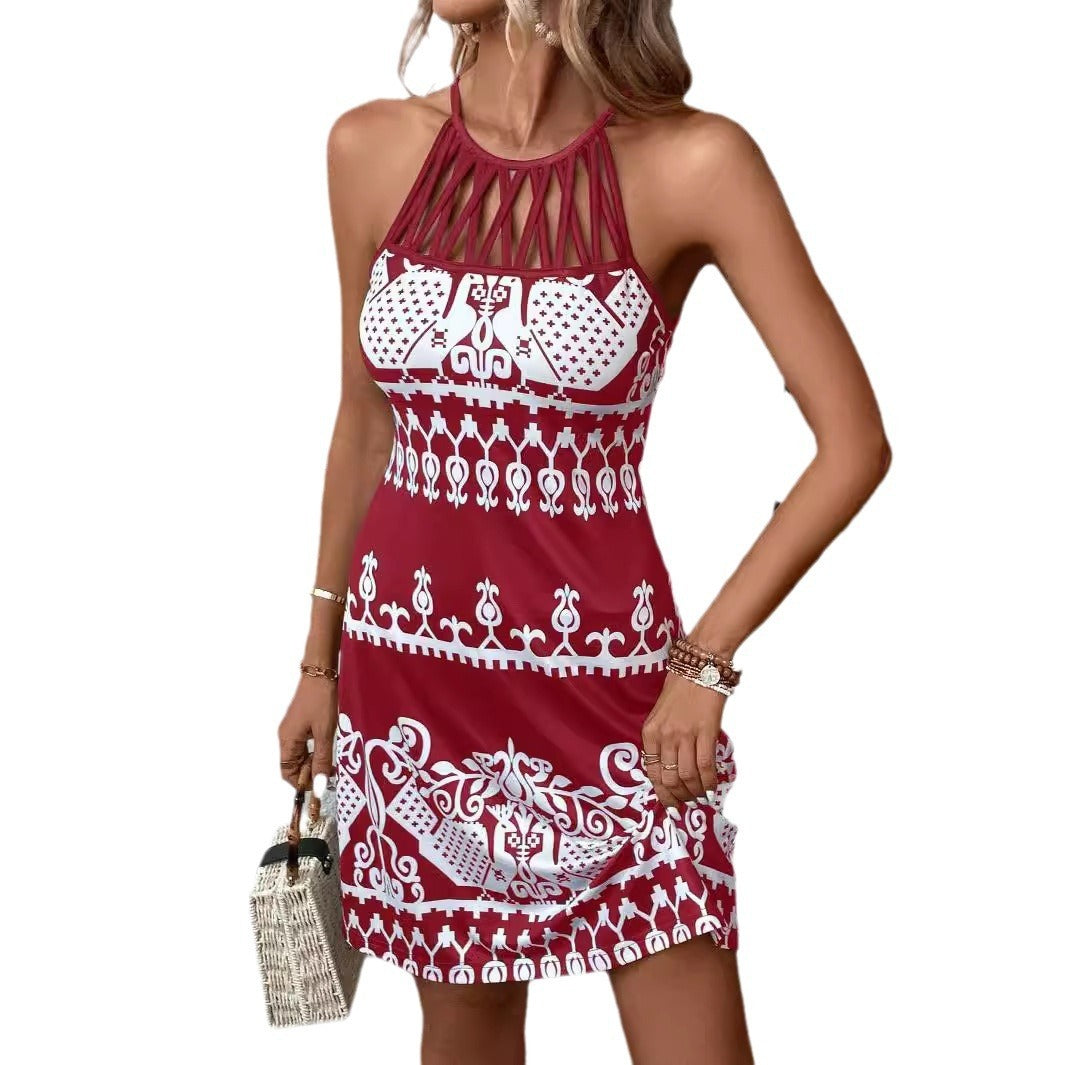 Women's Spaghetti-strap Floral Print All-matching Sleeveless Medium Dress