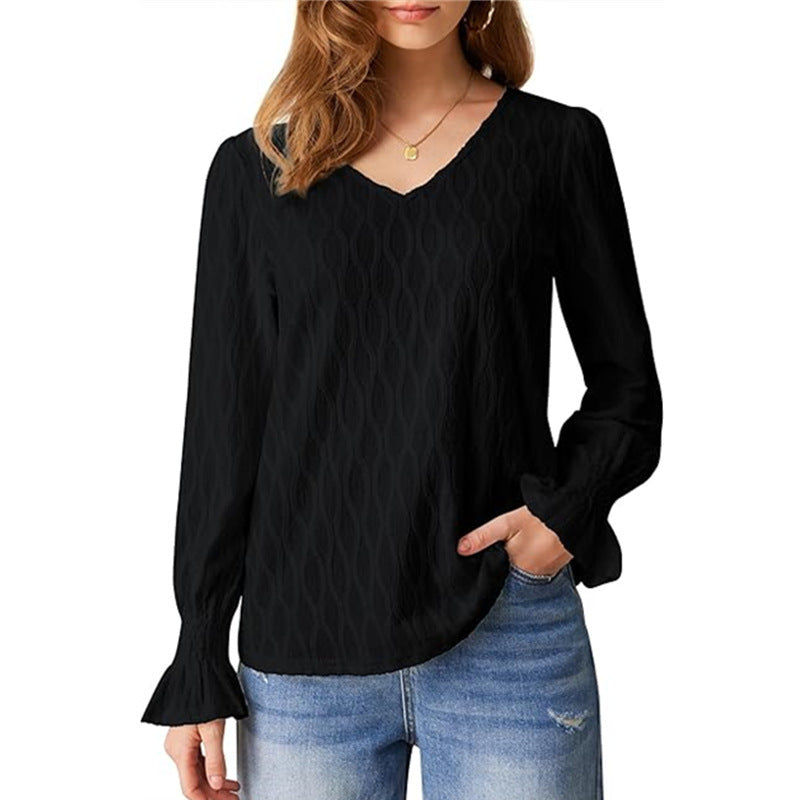 Fashion V-neck Long Sleeve Smocking T-shirt Top Women's Clothing