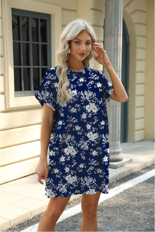 Loose Crew Neck Short Sleeve Printed Pocket Dress