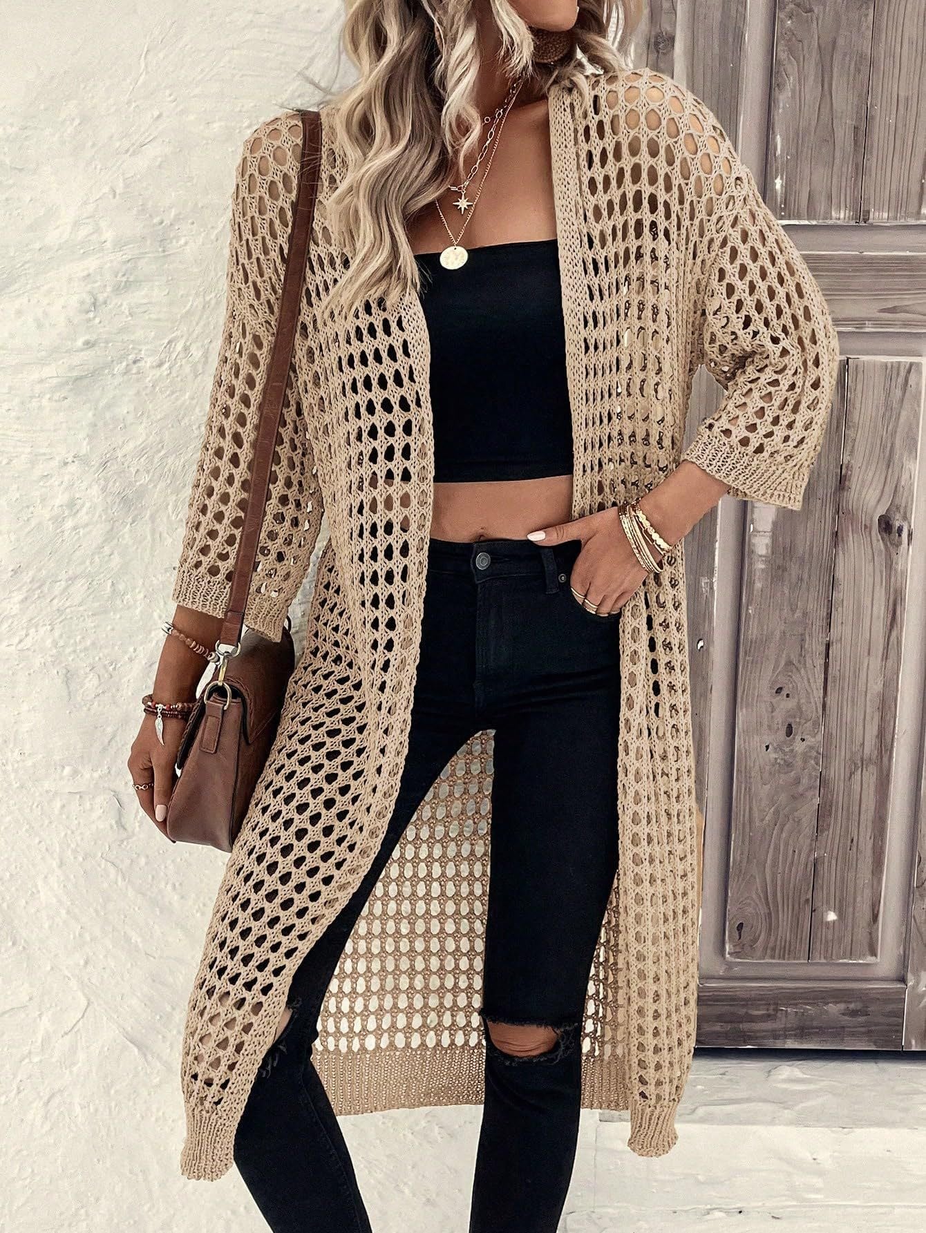 Hollow Knitted Long Cardigan Women