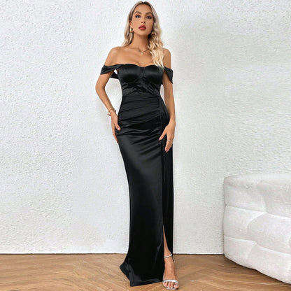 European And American Shoulder Wrap Chest High Waist Ribbon Slit Ball Gown