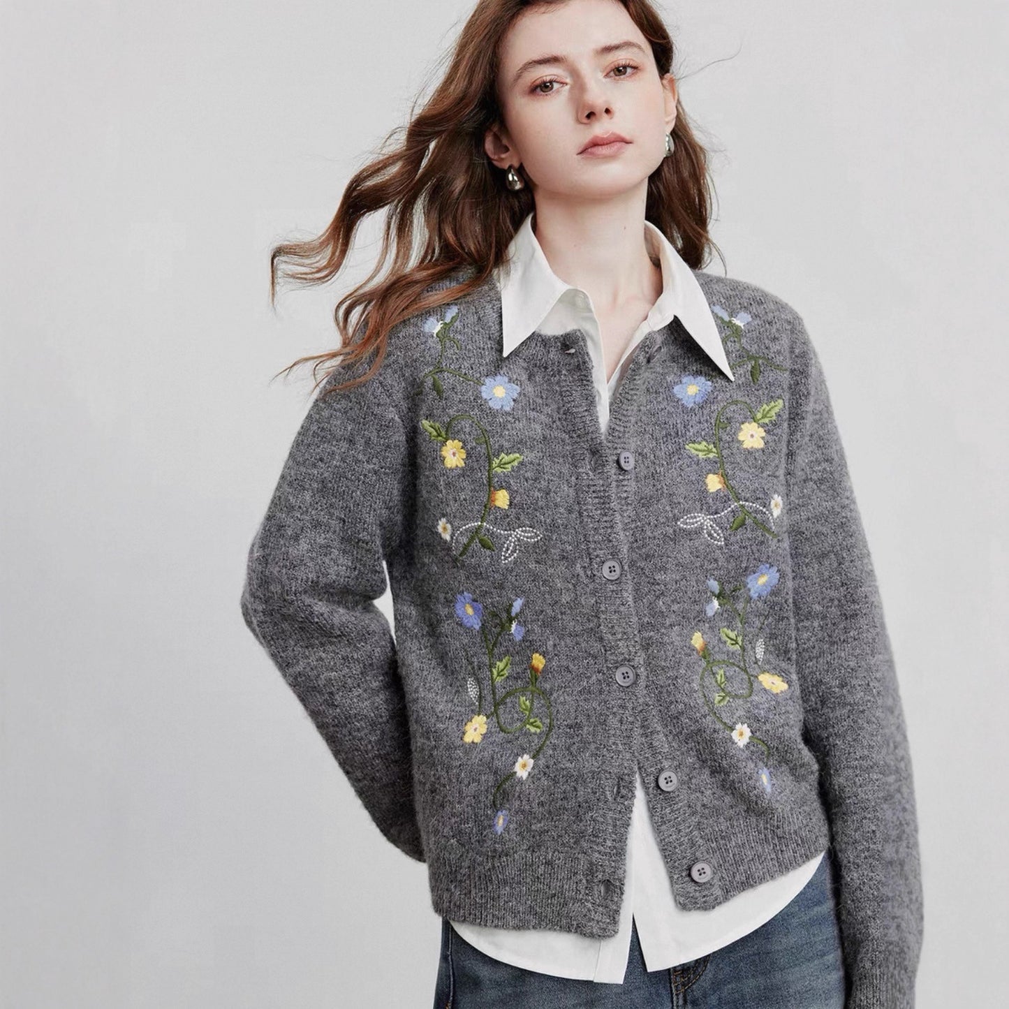 Round Neck Long Sleeve Top Embroidered Plant Female