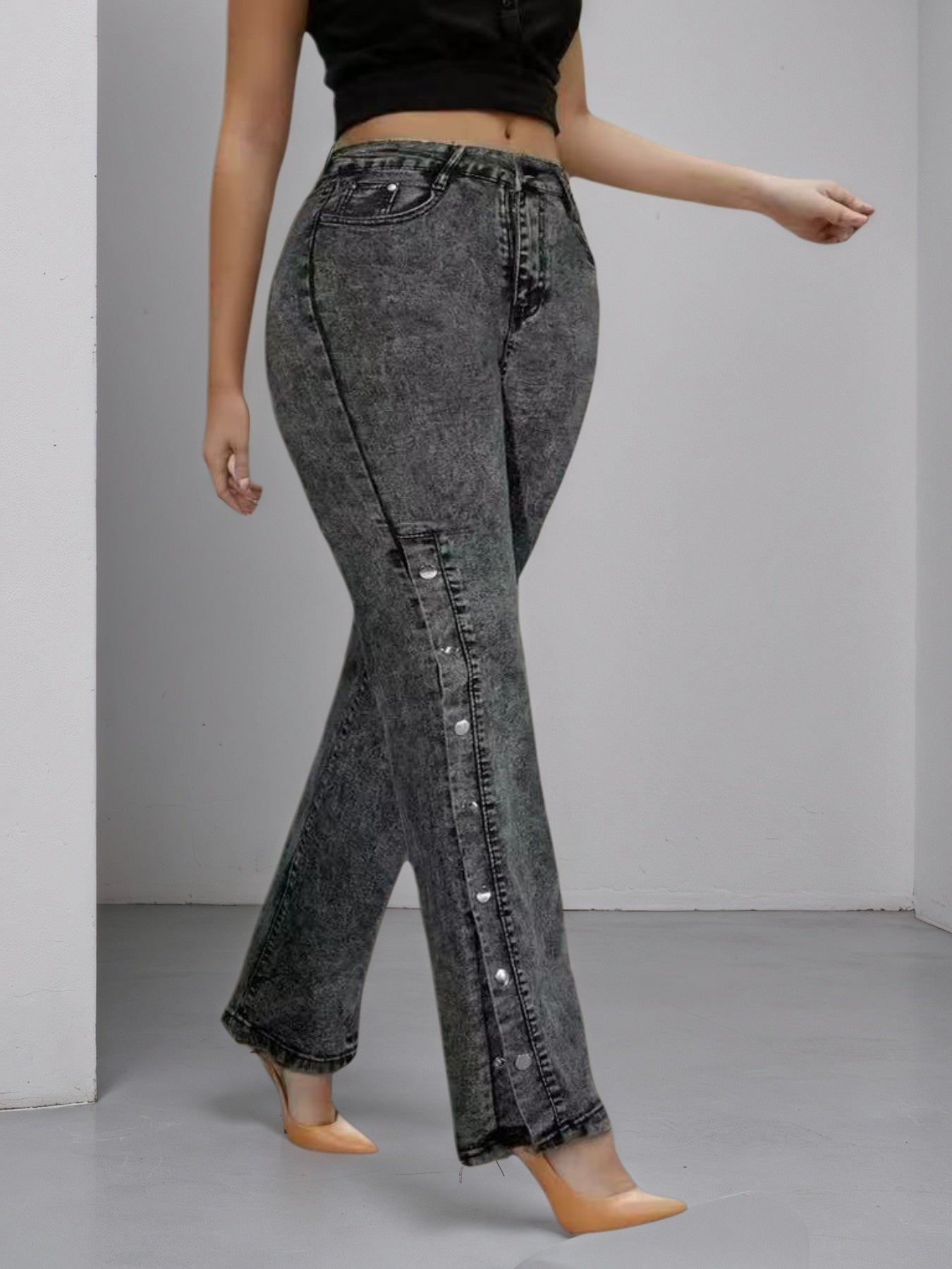 High Waisted Slightly Flared Jeans With Side Buckles, Classic Graphite Color, Comfortable Fit, Essential For Going Out.