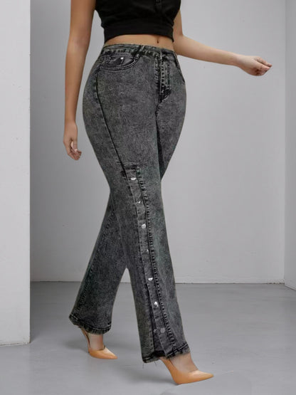 High Waisted Slightly Flared Jeans With Side Buckles, Classic Graphite Color, Comfortable Fit, Essential For Going Out.