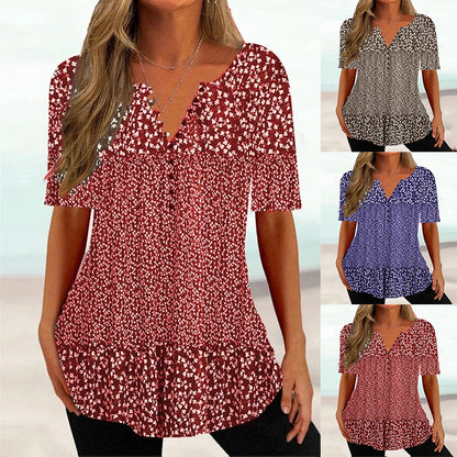 Loose V-neck Short Sleeve Button Printed T-shirt Shirt