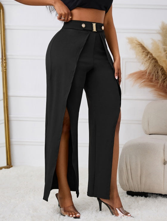 Ladies' Solid Color Belt, Loose Wide Leg Slit, Elegant Straight Leg Pants