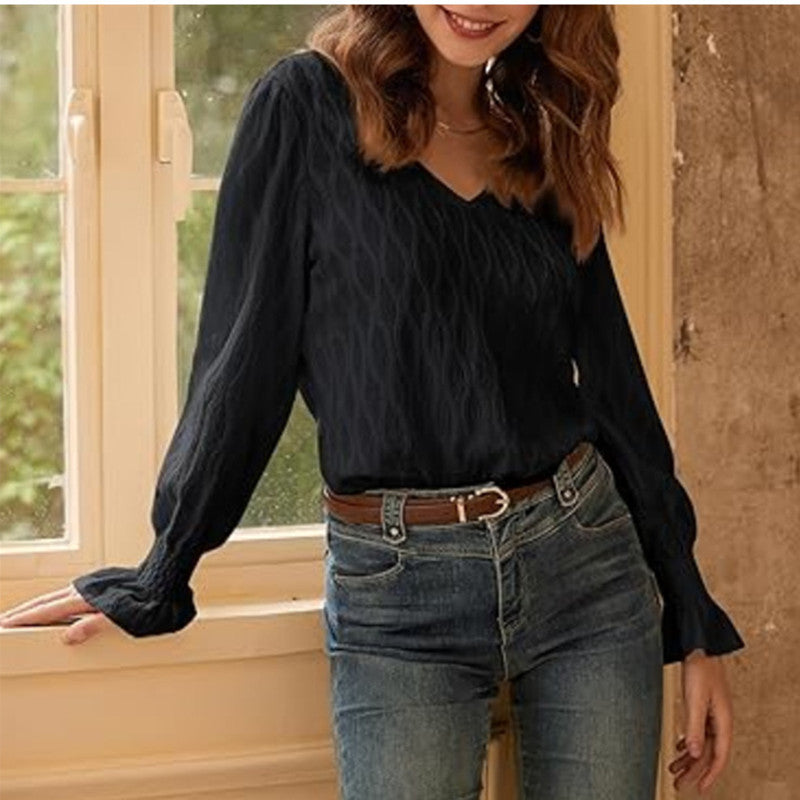 Fashion V-neck Long Sleeve Smocking T-shirt Top Women's Clothing