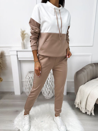 Drawstring Semi-high Neck Color Block Sporty Sweatshirt