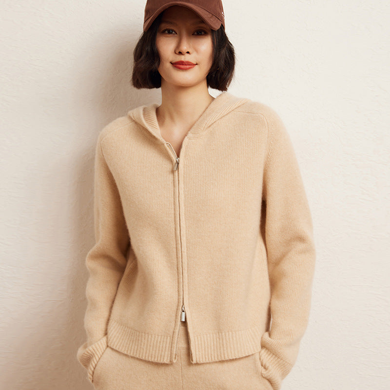 Women's Cashmere Hooded Zip Cardigan Sweater
