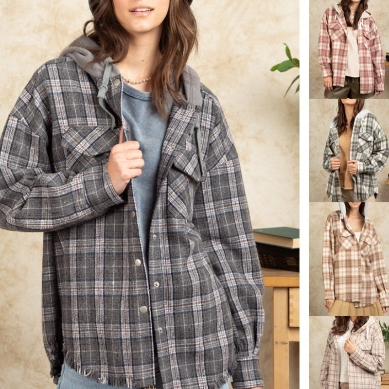 Fashion Hooded Large Pocket Plaid Shirt Coat