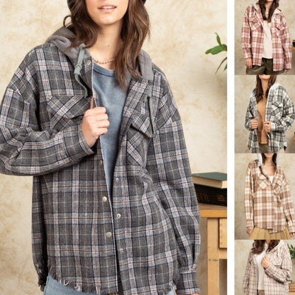 Fashion Hooded Large Pocket Plaid Shirt Coat