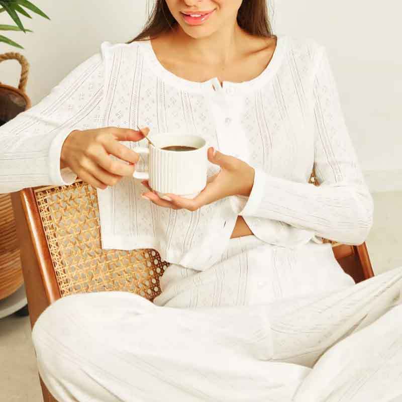 Fashion Cardigan Long Sleeve White Hollow-out Knitted Pajamas