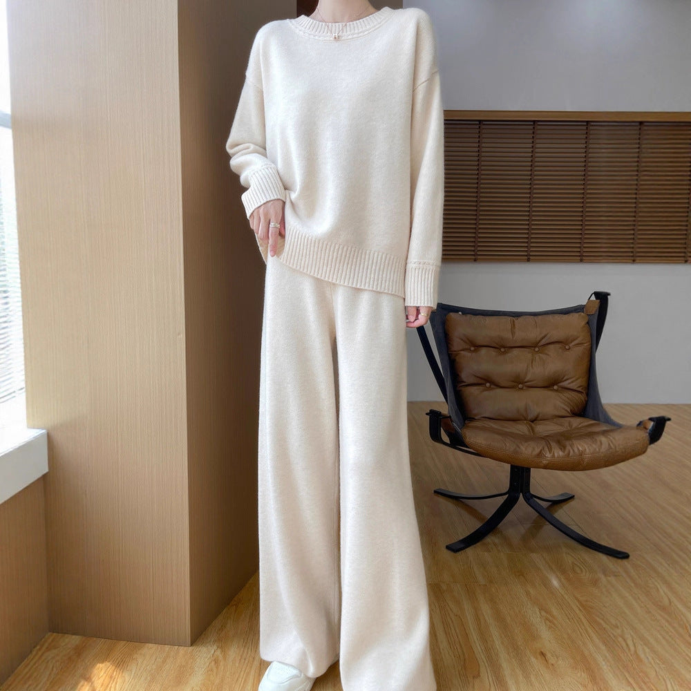 Australian Wool Round Neck Loose Western Style Sweater Straight-leg Pants Thickened Knitting Suit