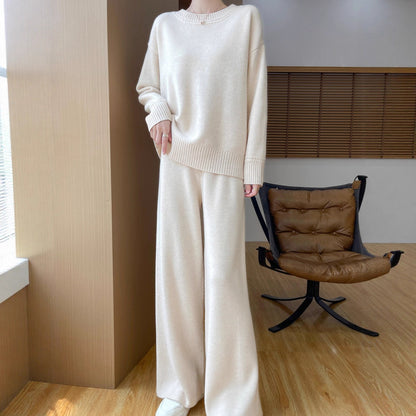 Australian Wool Round Neck Loose Western Style Sweater Straight-leg Pants Thickened Knitting Suit