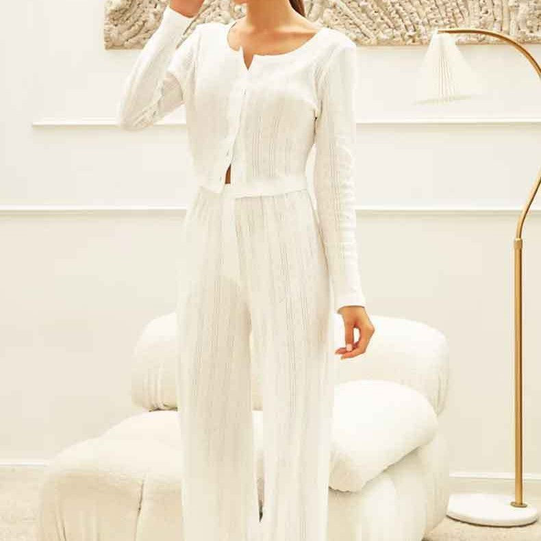 Fashion Cardigan Long Sleeve White Hollow-out Knitted Pajamas