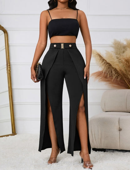 Ladies' Solid Color Belt, Loose Wide Leg Slit, Elegant Straight Leg Pants