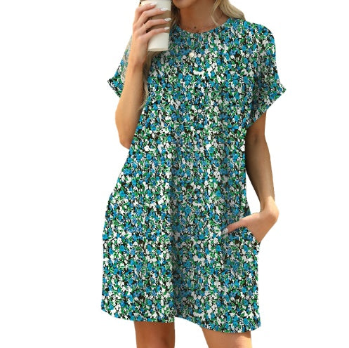 Loose Crew Neck Short Sleeve Printed Pocket Dress