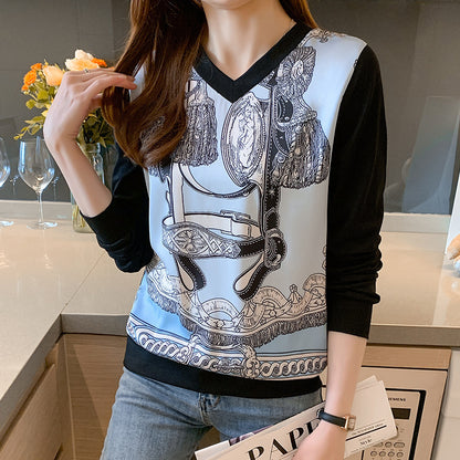 Patchwork Sweater Printed T-shirt Long Sleeve Pullover