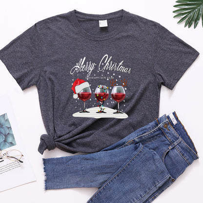 Christmas Three Wine Glasses Print Short Sleeve