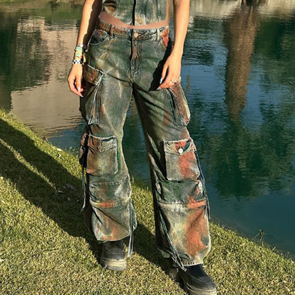 Retro Color Blooming Multi-pocket Loose Cargo Denim Trousers