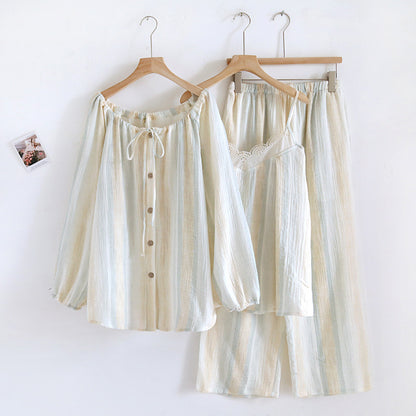 New Cotton Crepe Three-piece Pajamas Women's Homewear Suit