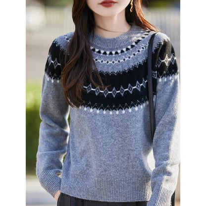 Jacquard Round Neck Multicolor Sweater For Women