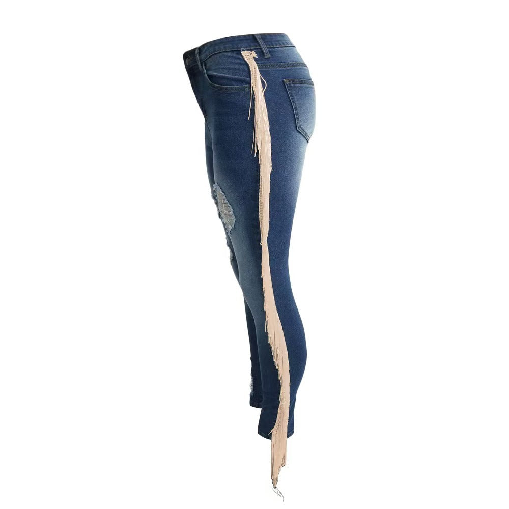 Ladies' Ripped Tassel Jeans, Fashionable And Personalized Street Style Denim Pants, Pencil Pants, And Leggings