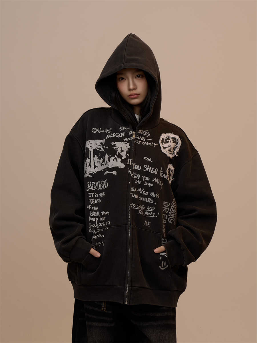 Sweater Women's Letter Printed Black Hooded Zipper Coat