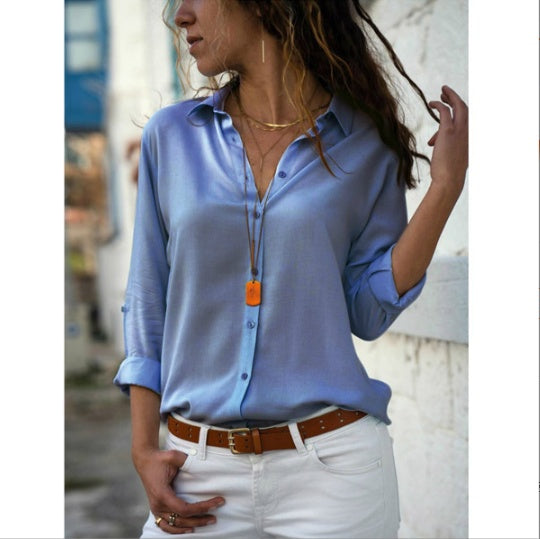 New Women's Solid Color Deep V Button Women's Long Sleeved Shirt