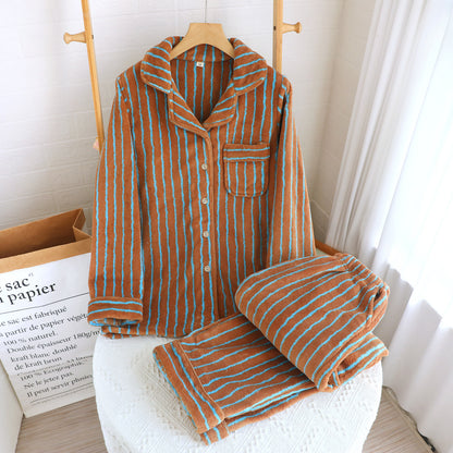 Striped Flannel Couple Lapel Pajamas Suit