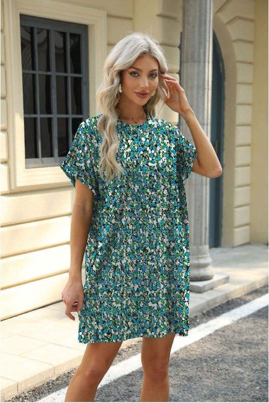 Loose Crew Neck Short Sleeve Printed Pocket Dress